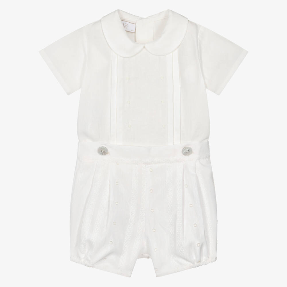 PAZ Rodríguez-Boys Ivory Embroidered Cotton Buster Suit | Childrensalon