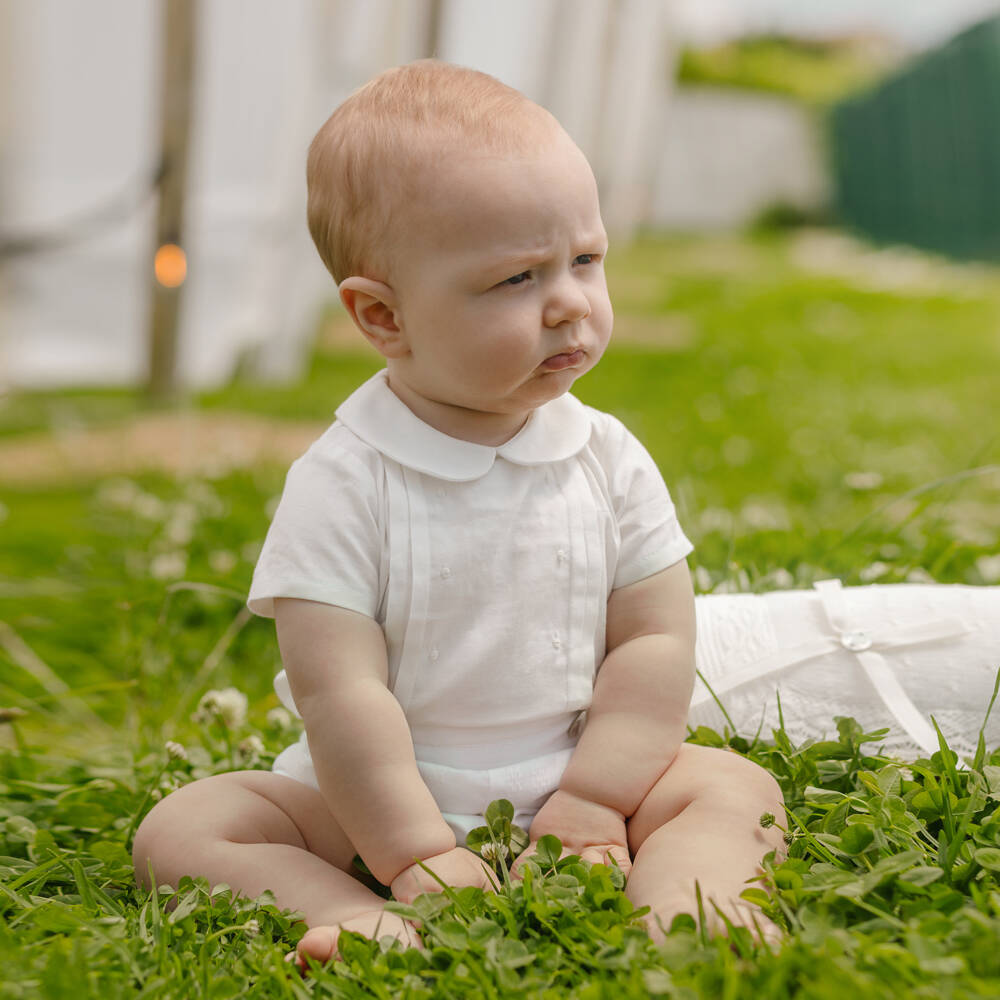PAZ Rodríguez-Boys Ivory Embroidered Cotton Buster Suit | Childrensalon