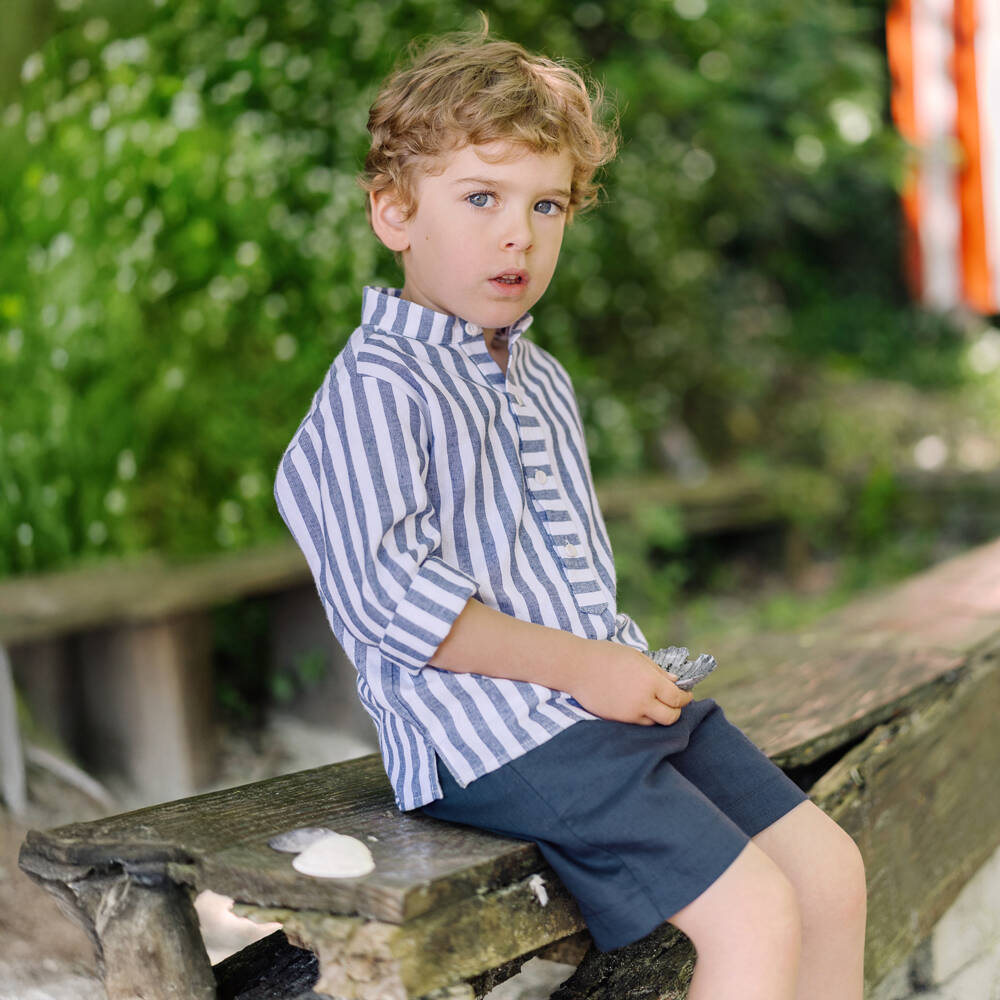 PAZ Rodríguez-Boys Navy Blue Cotton & Linen Shorts Set | Childrensalon