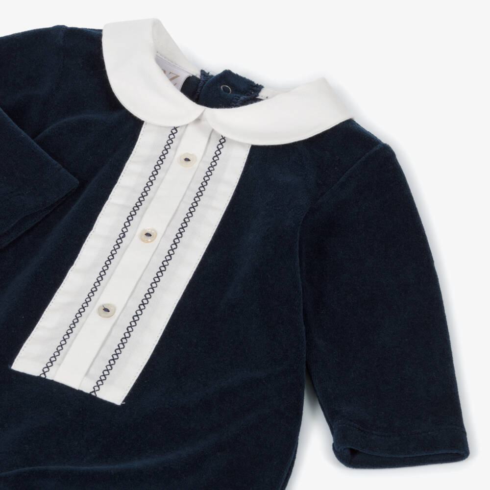 PAZ Rodríguez-Boys Navy Blue Velour Babygrow with White Collar | Childrensalon