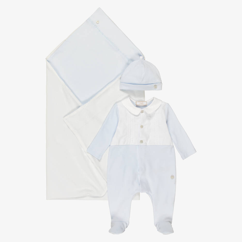 PAZ Rodríguez-Boys Pale Blue Cotton Jersey Babygrow & Hat Set with Blanket | Childrensalon