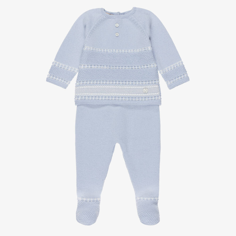 PAZ Rodríguez-Boys Pale Blue Wool Knit 2 Piece Babygrow | Childrensalon