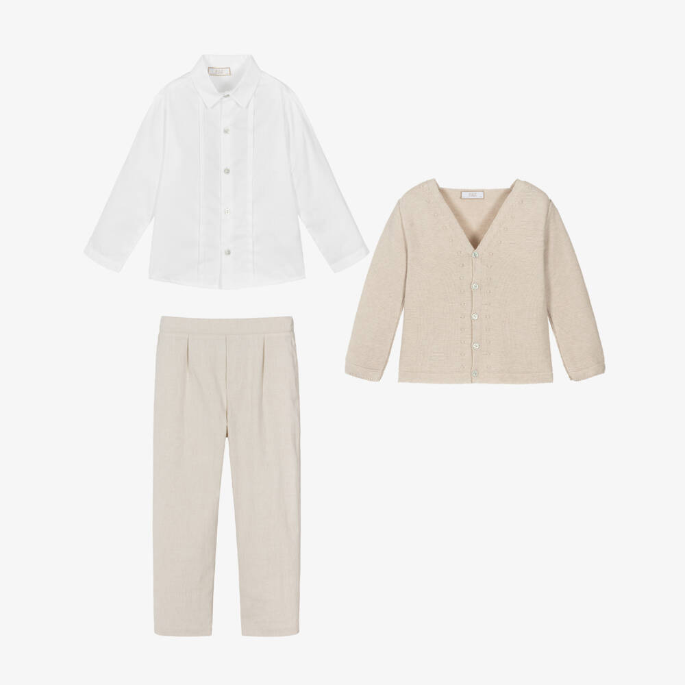PAZ Rodríguez-Boys White & Beige Cotton Trousers Set | Childrensalon