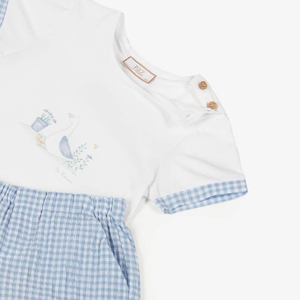 PAZ Rodríguez-Boys White & Blue Check Cotton Shorts Set with Duck Print | Childrensalon