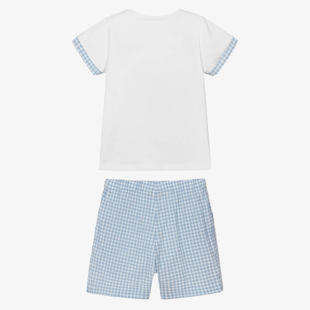 PAZ Rodríguez-Boys White & Blue Check Cotton Shorts Set with Duck Print | Childrensalon