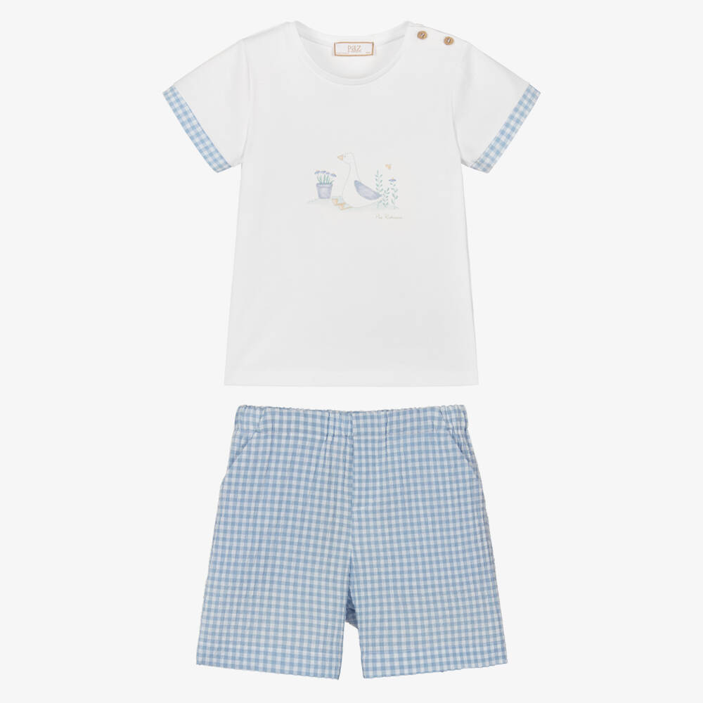 PAZ Rodríguez-Boys White & Blue Check Cotton Shorts Set with Duck Print | Childrensalon