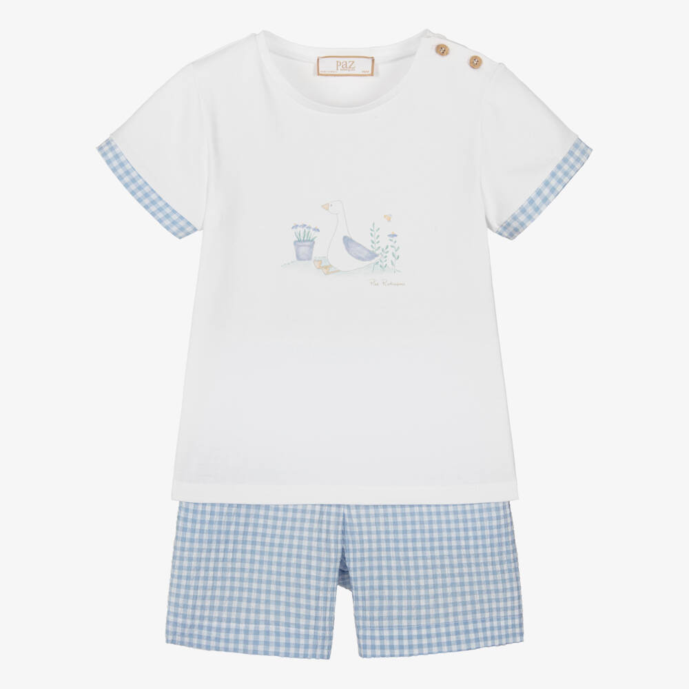PAZ Rodríguez-Boys White & Blue Check Cotton Shorts Set with Duck Print | Childrensalon