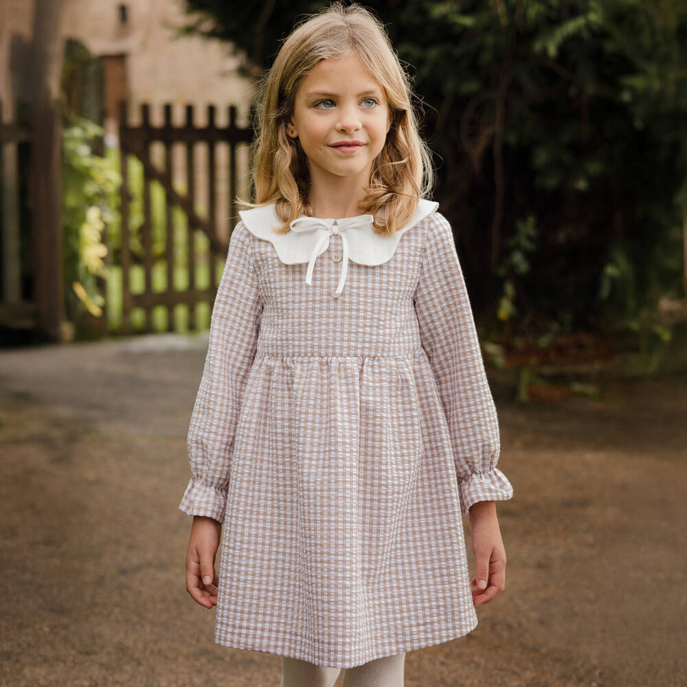 PAZ Rodríguez- Girls Beige Gingham Check Seersucker Dress | Childrensalon