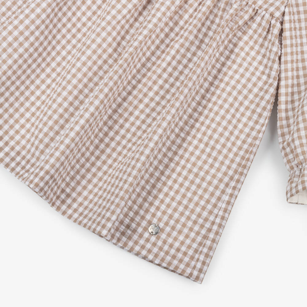 PAZ Rodríguez- Girls Beige Gingham Check Seersucker Dress | Childrensalon