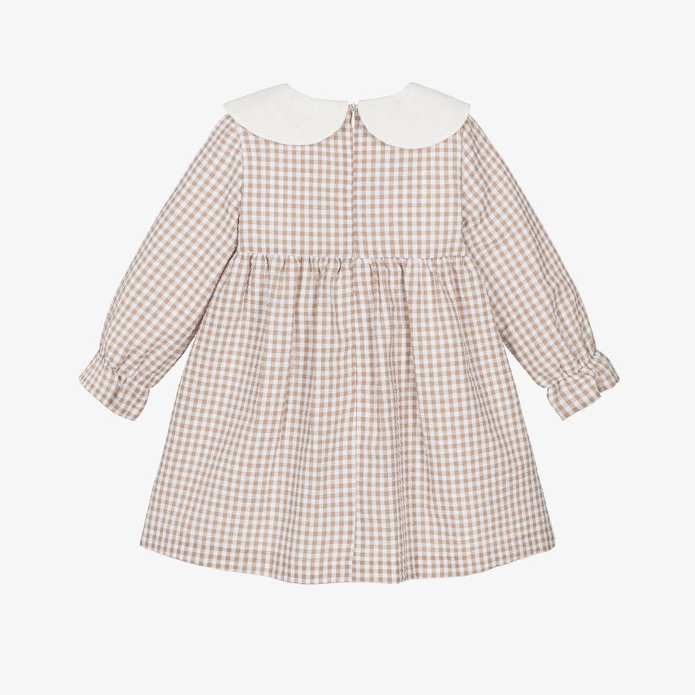 PAZ Rodríguez- Girls Beige Gingham Check Seersucker Dress | Childrensalon