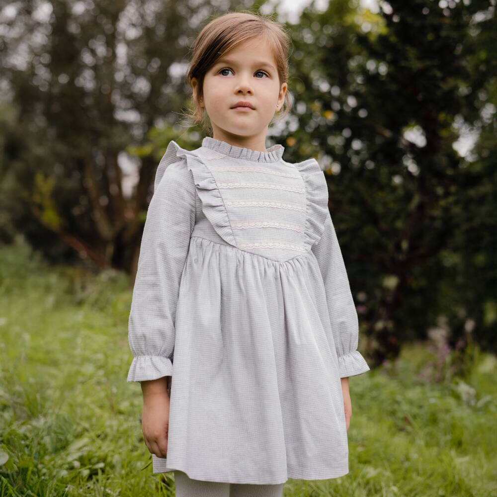 PAZ Rodríguez-Girls Grey Cotton Dress with Lace Trim | Childrensalon