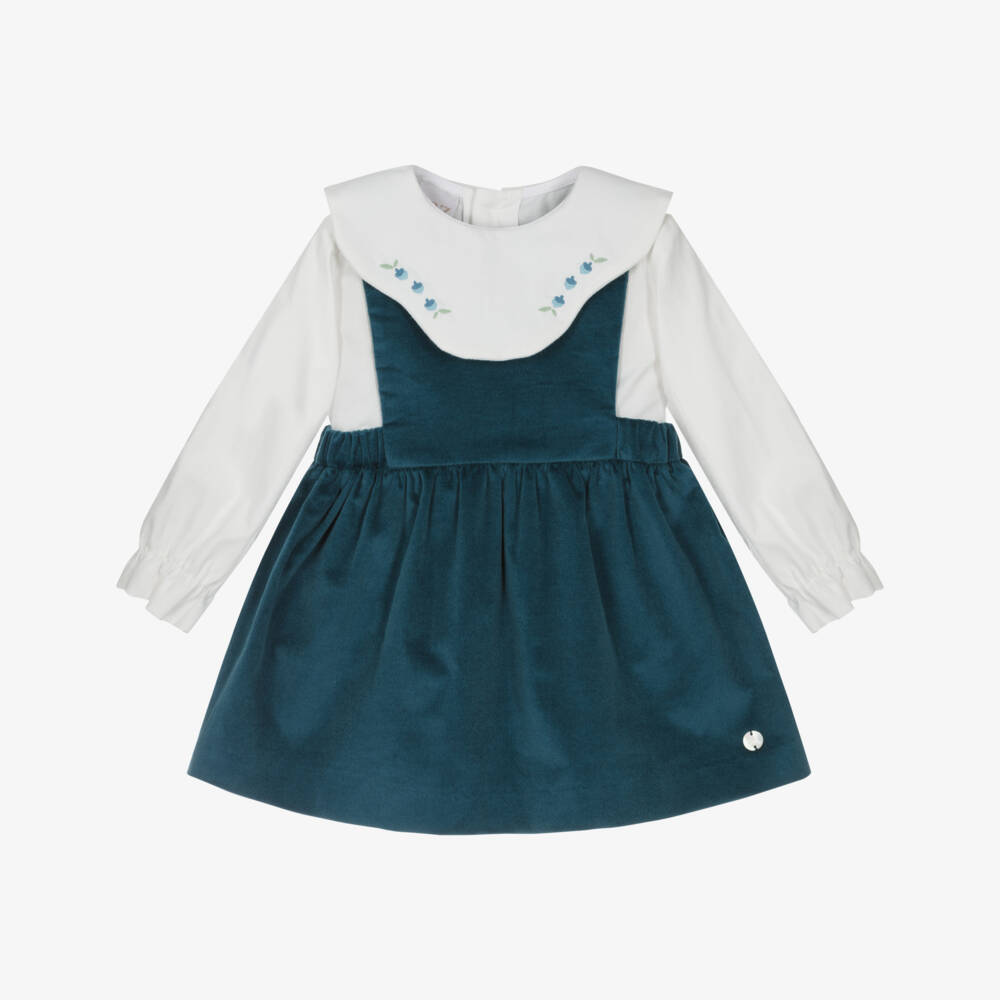 PAZ Rodríguez-Girls Ivory & Blue Velvet Dress Set | Childrensalon