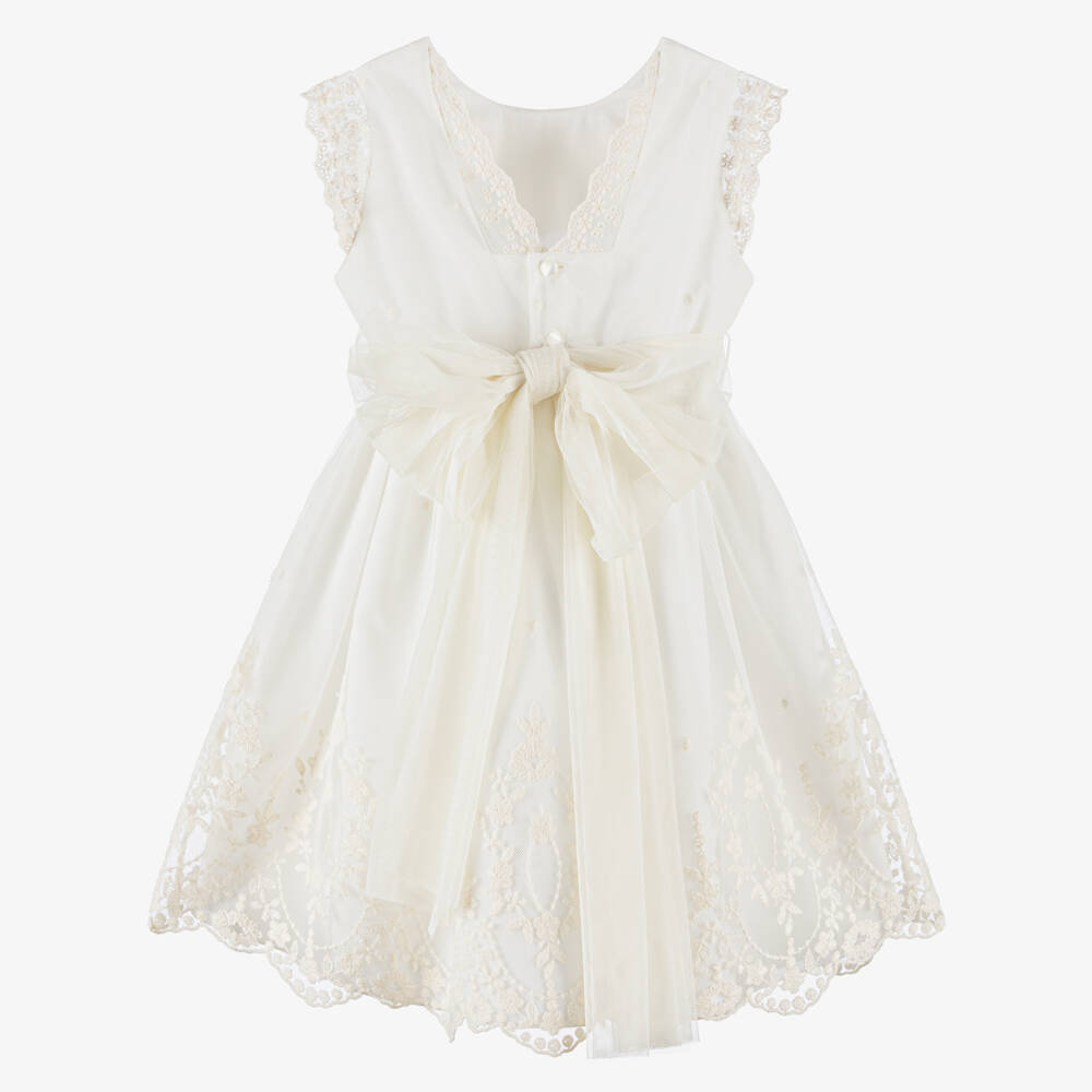PAZ Rodríguez-Girls Ivory Embroidered Tulle Dress with Sash | Childrensalon