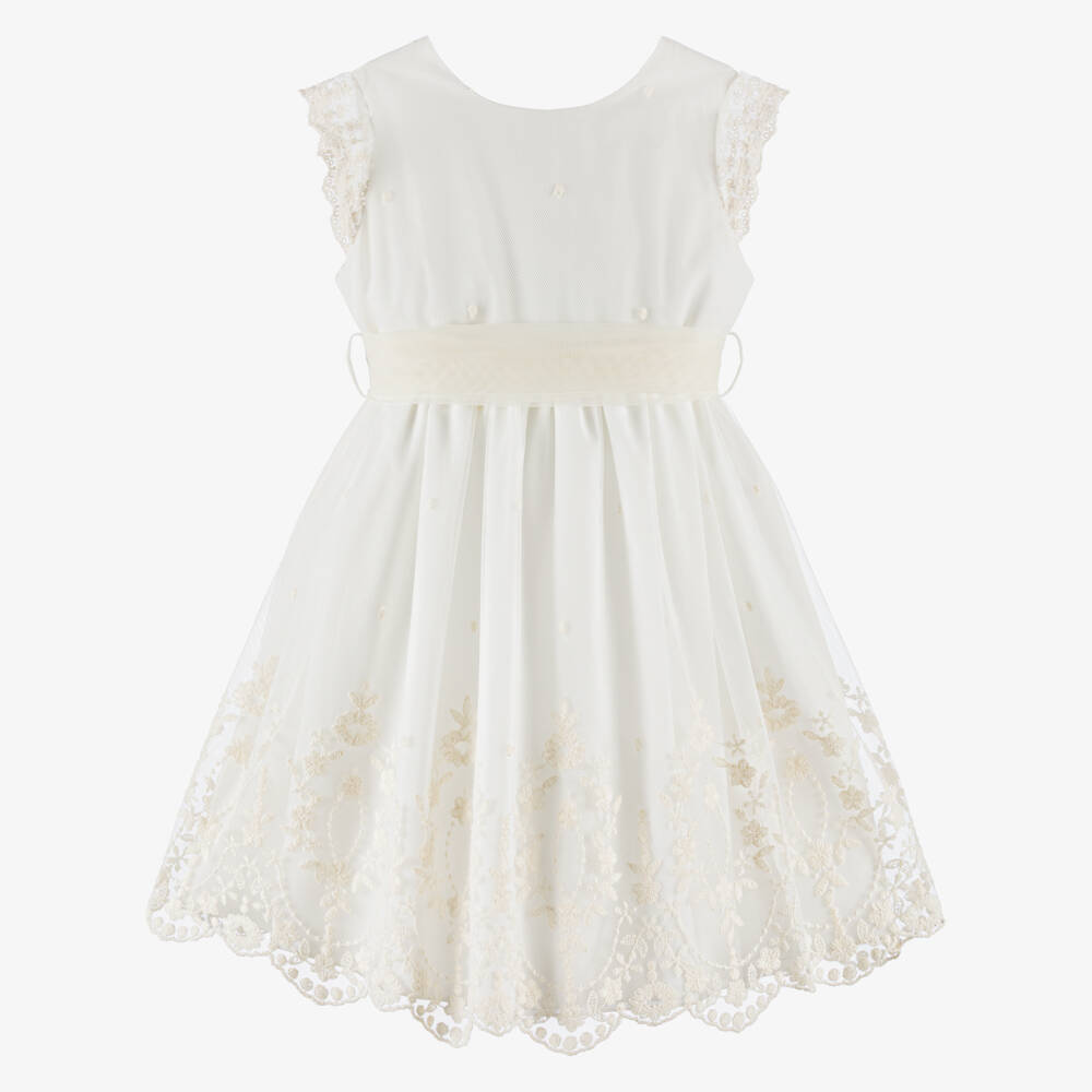 PAZ Rodríguez-Girls Ivory Embroidered Tulle Dress with Sash | Childrensalon