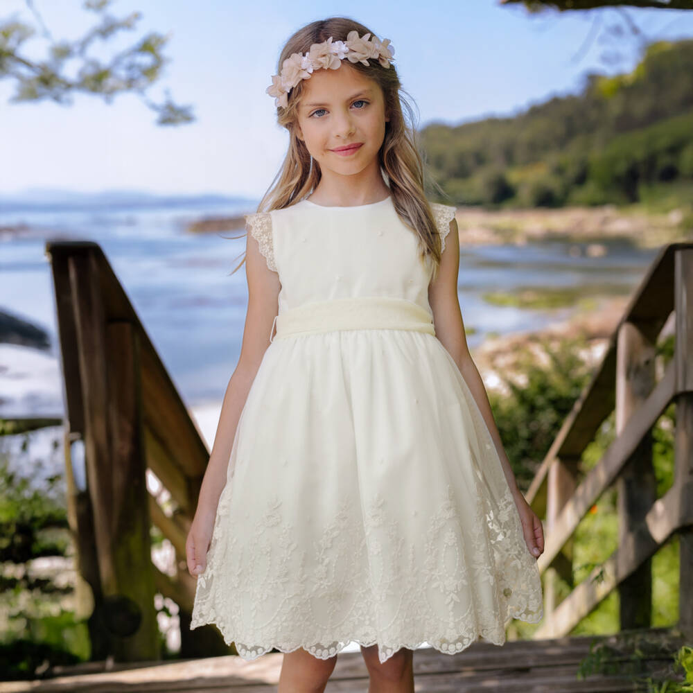 PAZ Rodríguez-Girls Ivory Embroidered Tulle Dress with Sash | Childrensalon