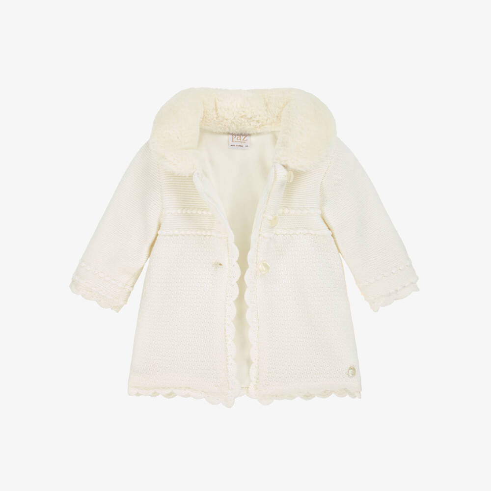 PAZ Rodríguez-Girls Ivory Knitted Coat with Faux Fur Collar | Childrensalon