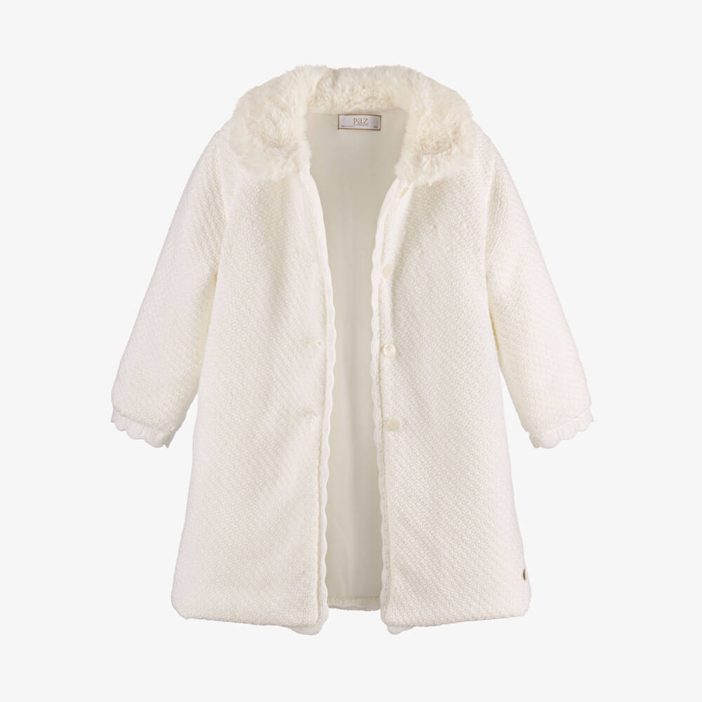 PAZ Rodríguez-Girls Ivory Knitted Coat With Faux Fur Collar | Childrensalon