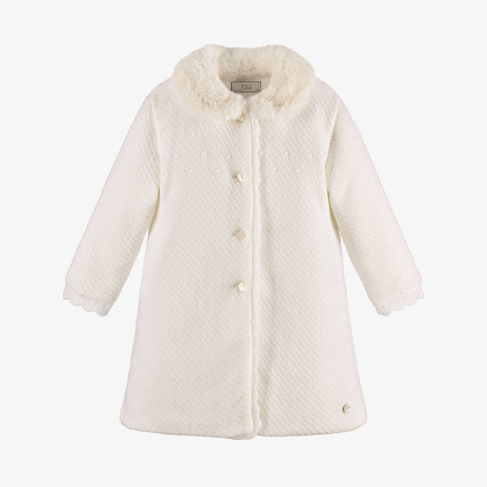 PAZ Rodríguez-Girls Ivory Knitted Coat With Faux Fur Collar | Childrensalon
