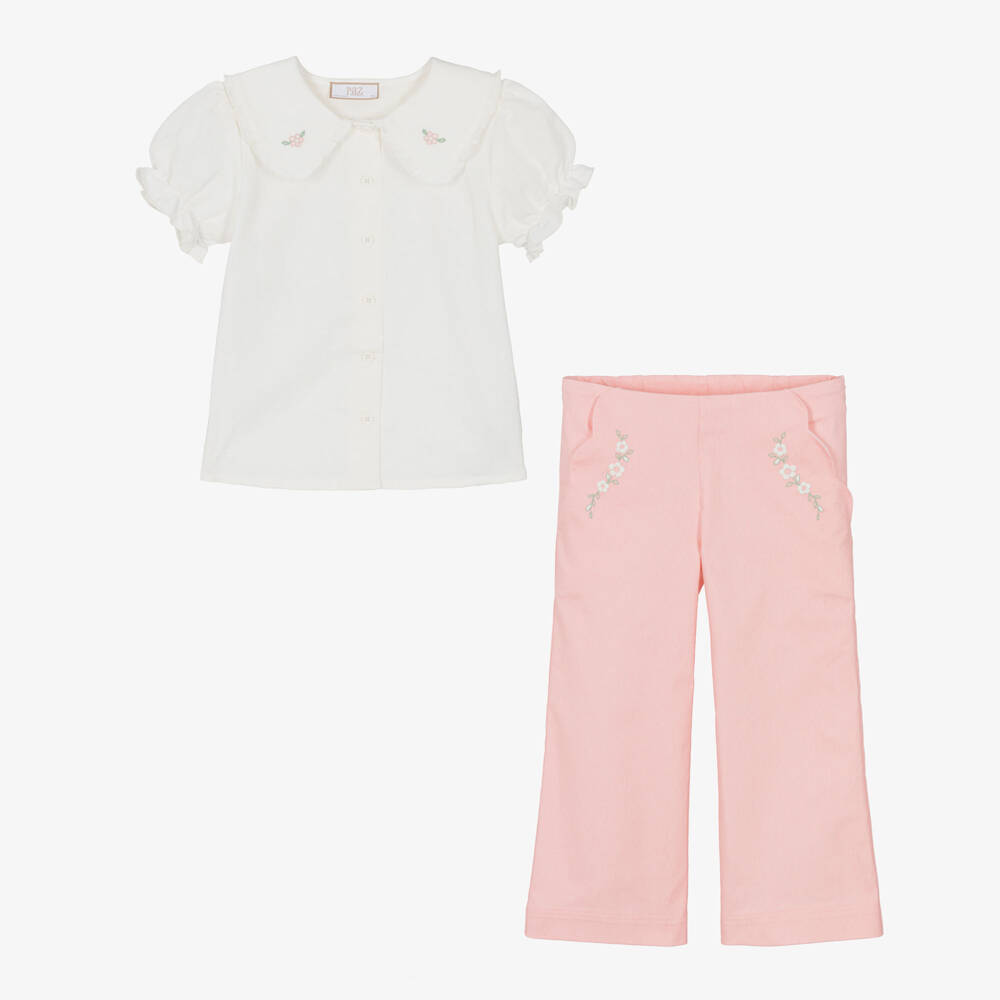 PAZ Rodríguez-Girls Ivory & Pink Trouser Set with Floral Embroidery | Childrensalon