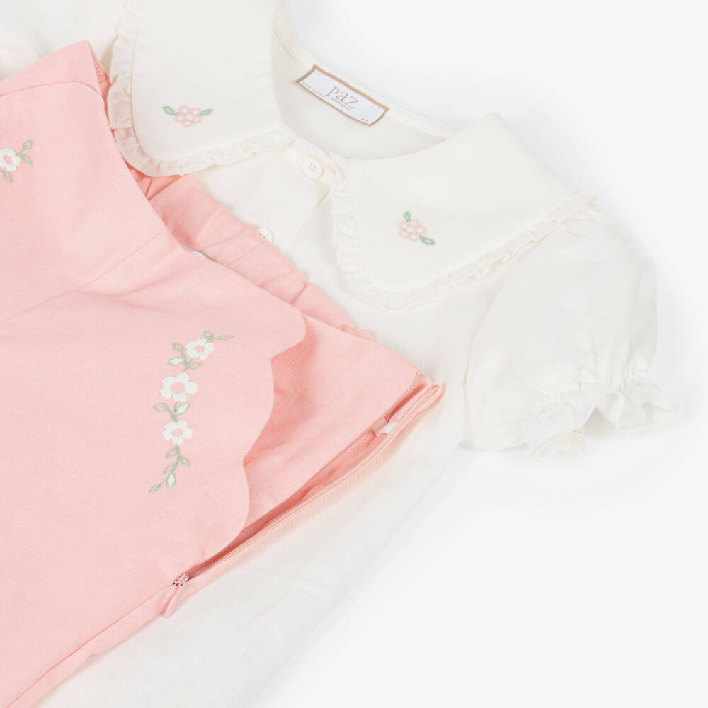 PAZ Rodríguez-Girls Ivory & Pink Trouser Set with Floral Embroidery | Childrensalon