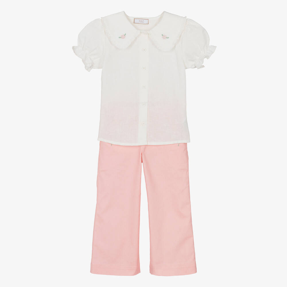 PAZ Rodríguez-Girls Ivory & Pink Trouser Set with Floral Embroidery | Childrensalon