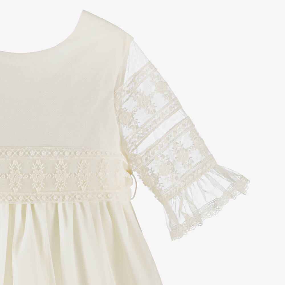PAZ Rodríguez-Girls Ivory Tulle Dress with Lace Sleeves & Sash Belt | Childrensalon