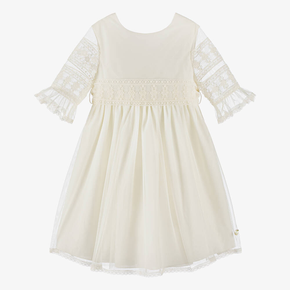 PAZ Rodríguez-Girls Ivory Tulle Dress with Lace Sleeves & Sash Belt | Childrensalon