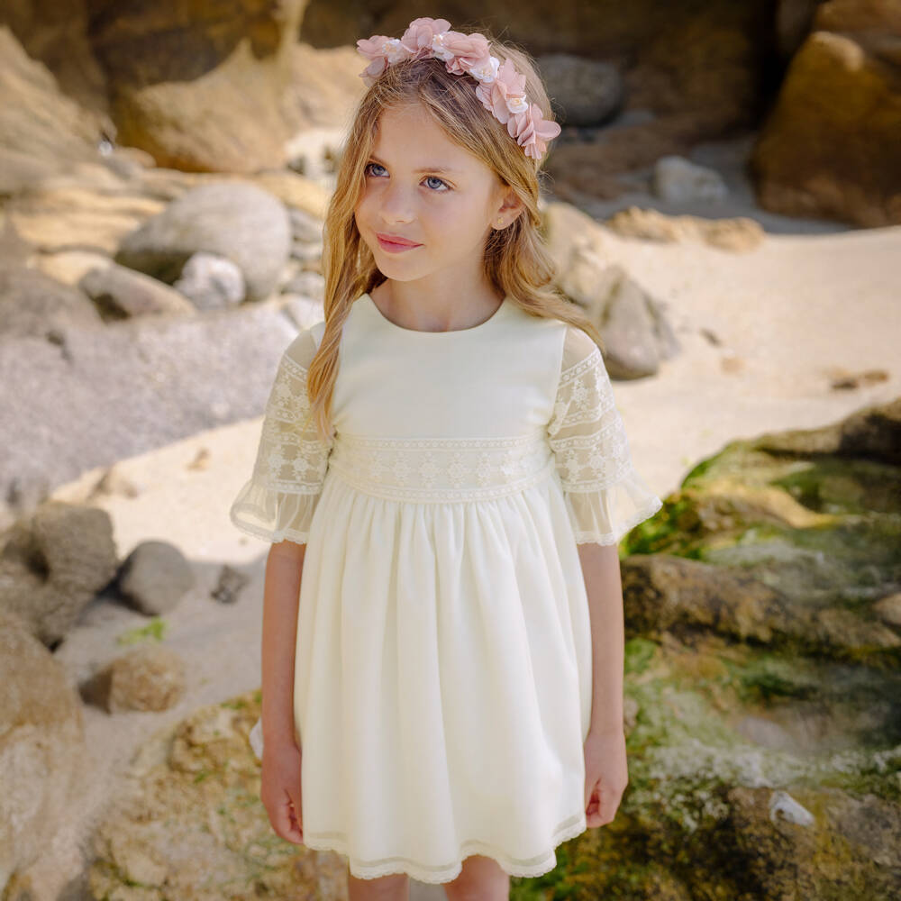 PAZ Rodríguez-Girls Ivory Tulle Dress with Lace Sleeves & Sash Belt | Childrensalon