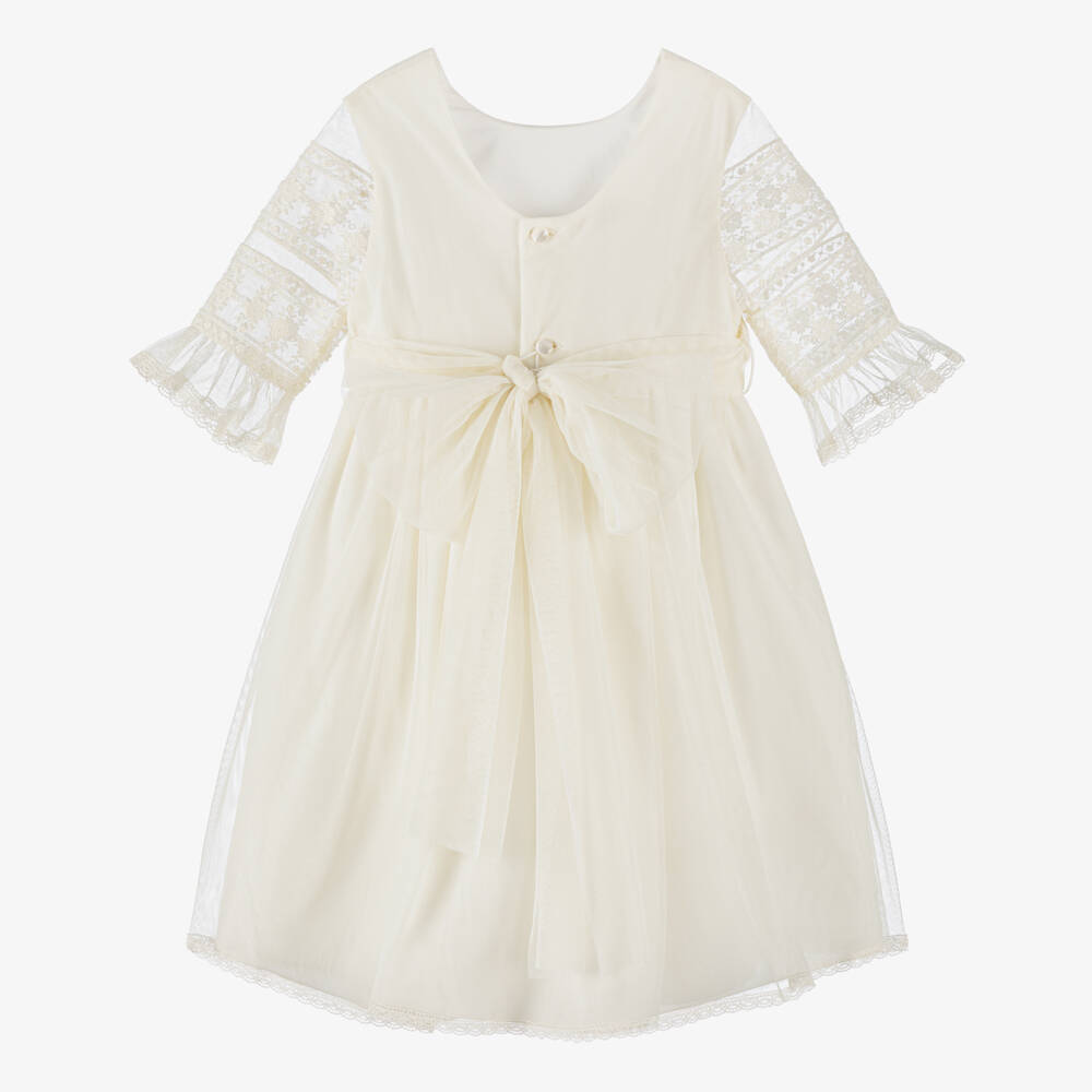 PAZ Rodríguez-Girls Ivory Tulle Dress with Lace Sleeves & Sash Belt | Childrensalon