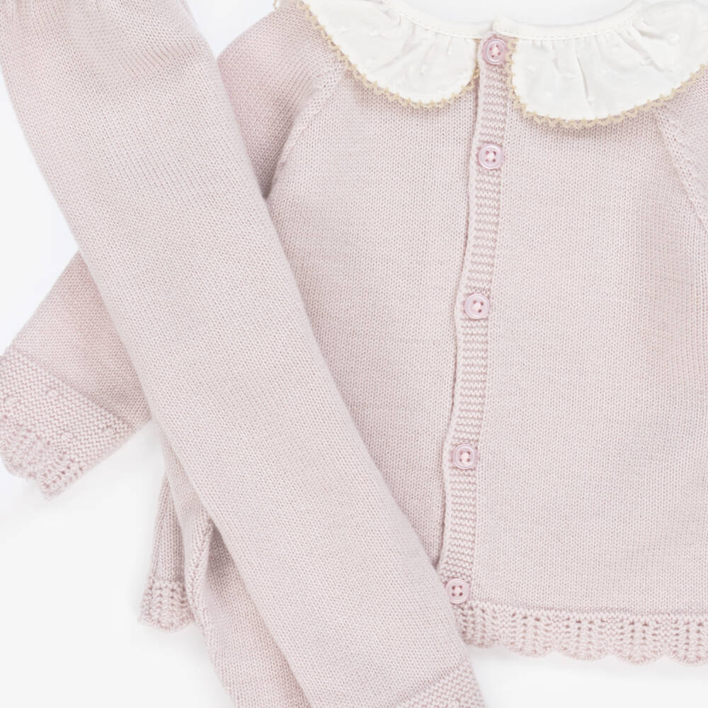 PAZ Rodríguez-Girls Mauve Pink Wool Knit Babygrow with Ruffle Collar | Childrensalon