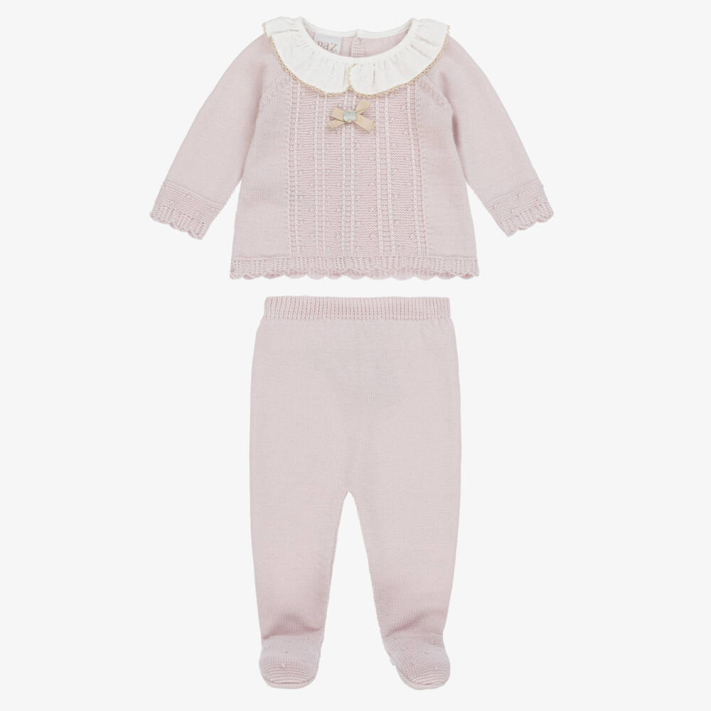 PAZ Rodríguez-Girls Mauve Pink Wool Knit Babygrow with Ruffle Collar | Childrensalon