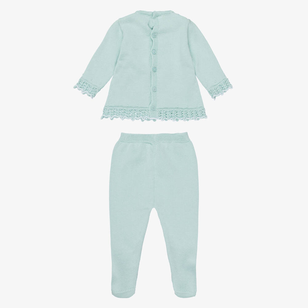 PAZ Rodríguez-Girls Mint Green Cotton Knit 2 Piece Babygrow with Lace | Childrensalon
