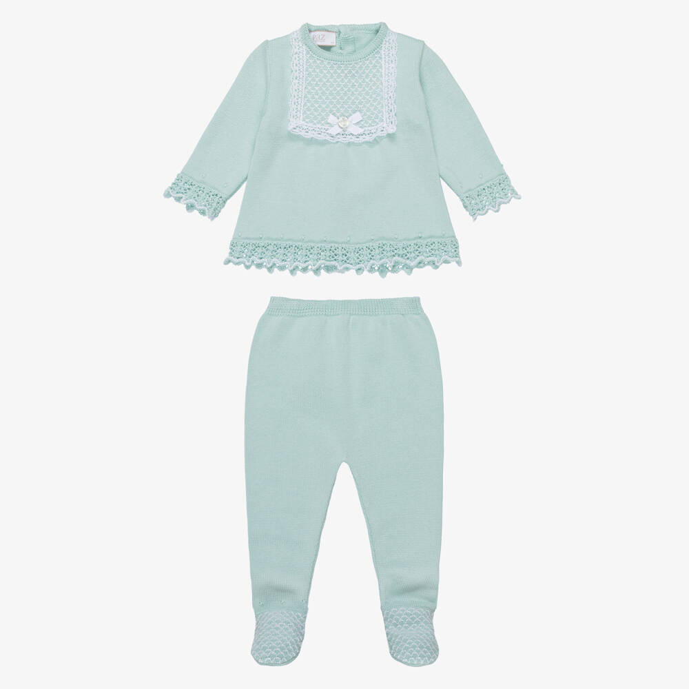 PAZ Rodríguez-Girls Mint Green Cotton Knit 2 Piece Babygrow with Lace | Childrensalon