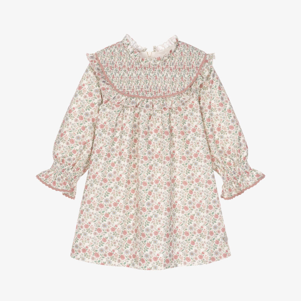 PAZ Rodríguez-Girls Pink Floral Cotton Dress with Pleated Panel | Childrensalon