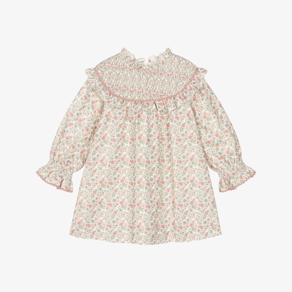 PAZ Rodríguez-Girls Pink Floral Cotton Dress with Pleated Panel | Childrensalon