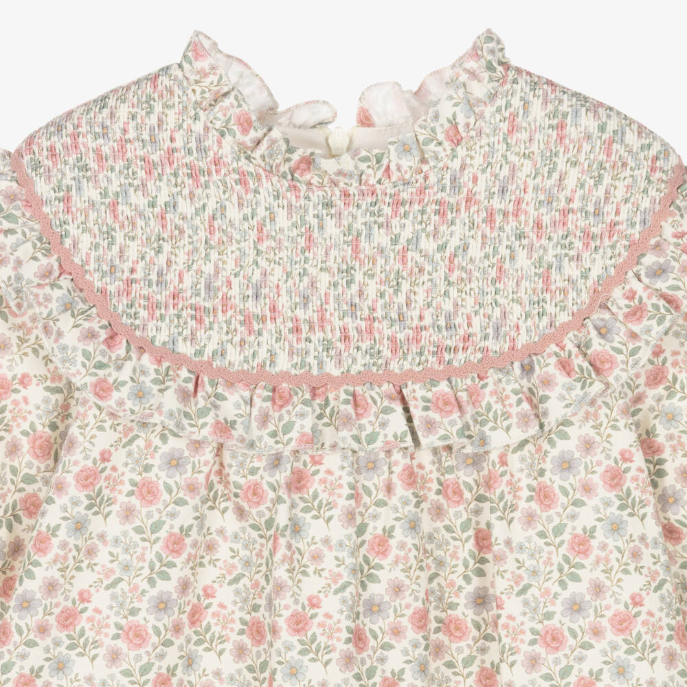 PAZ Rodríguez-Girls Pink Floral Cotton Dress with Pleated Panel | Childrensalon