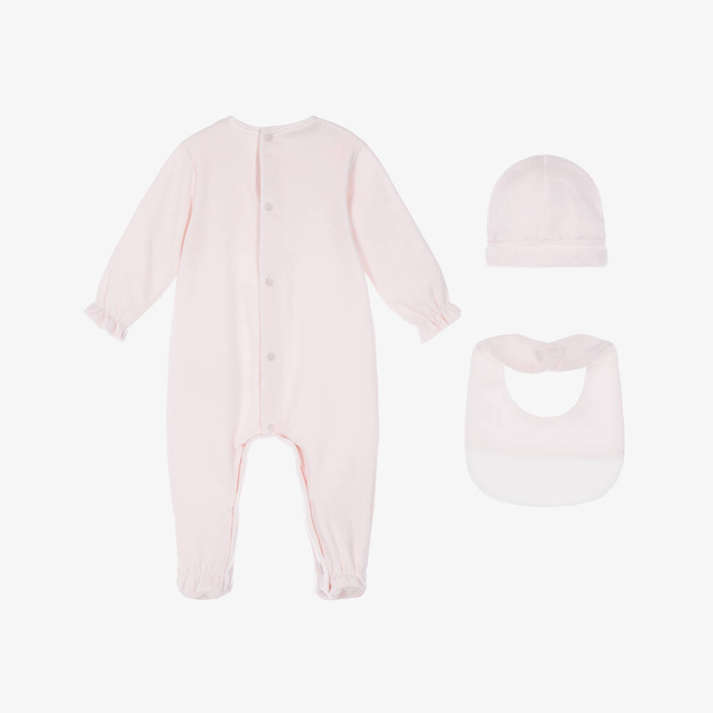 PAZ Rodríguez-Girls Pink Velour Babysuit Set with Hat & Bib | Childrensalon