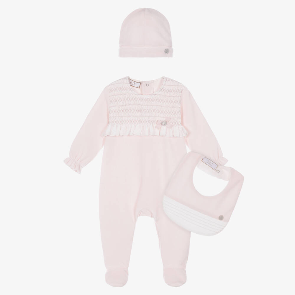 PAZ Rodríguez-Girls Pink Velour Babysuit Set with Hat & Bib | Childrensalon