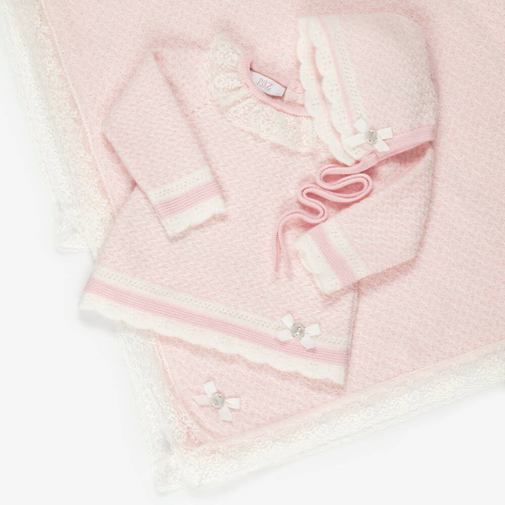 PAZ Rodríguez-Girls Pink Wool Knit Babysuit Set with Lace Trims | Childrensalon