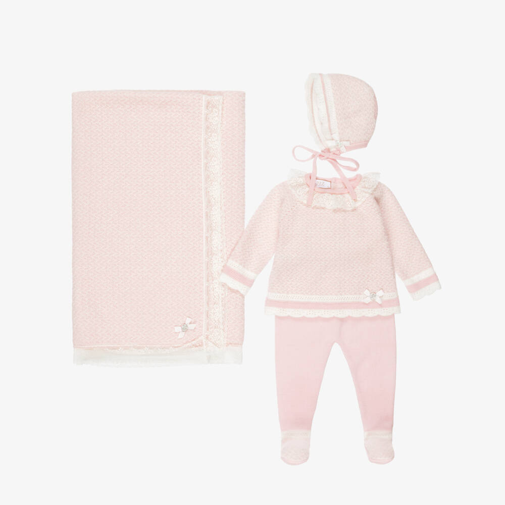 PAZ Rodríguez-Girls Pink Wool Knit Babysuit Set with Lace Trims | Childrensalon