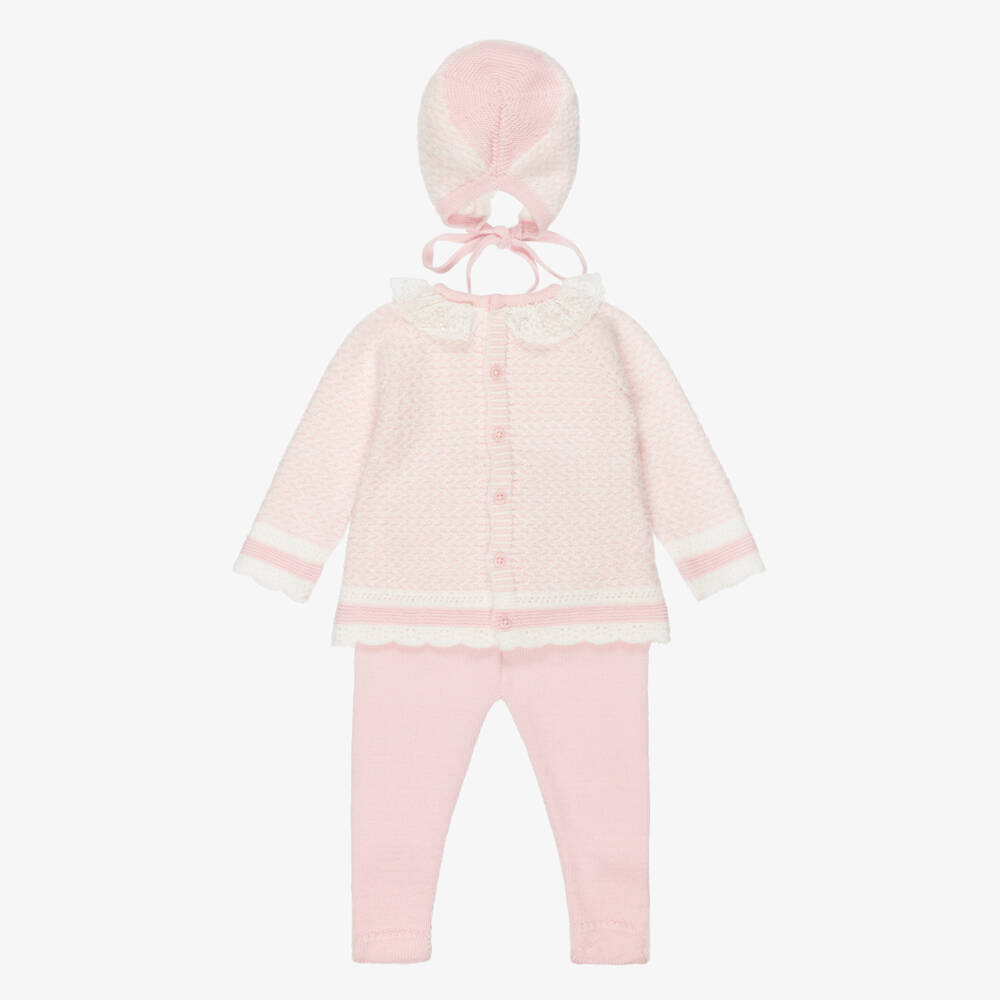 PAZ Rodríguez-Girls Pink Wool Knit Babysuit Set with Lace Trims | Childrensalon