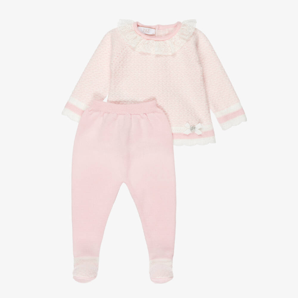PAZ Rodríguez-Girls Pink Wool Knit Babysuit Set with Lace Trims | Childrensalon