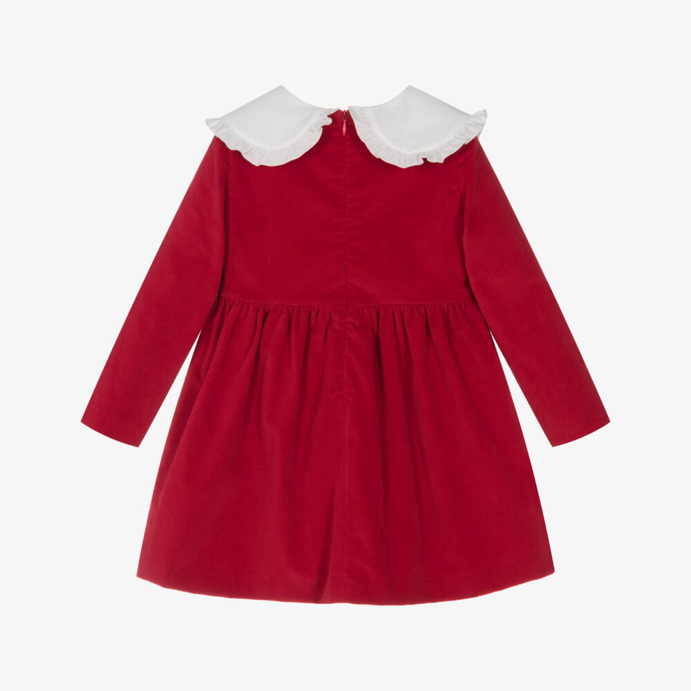 PAZ Rodríguez-Girls Red Velvet Dress with Embroidered Cherry Collar | Childrensalon