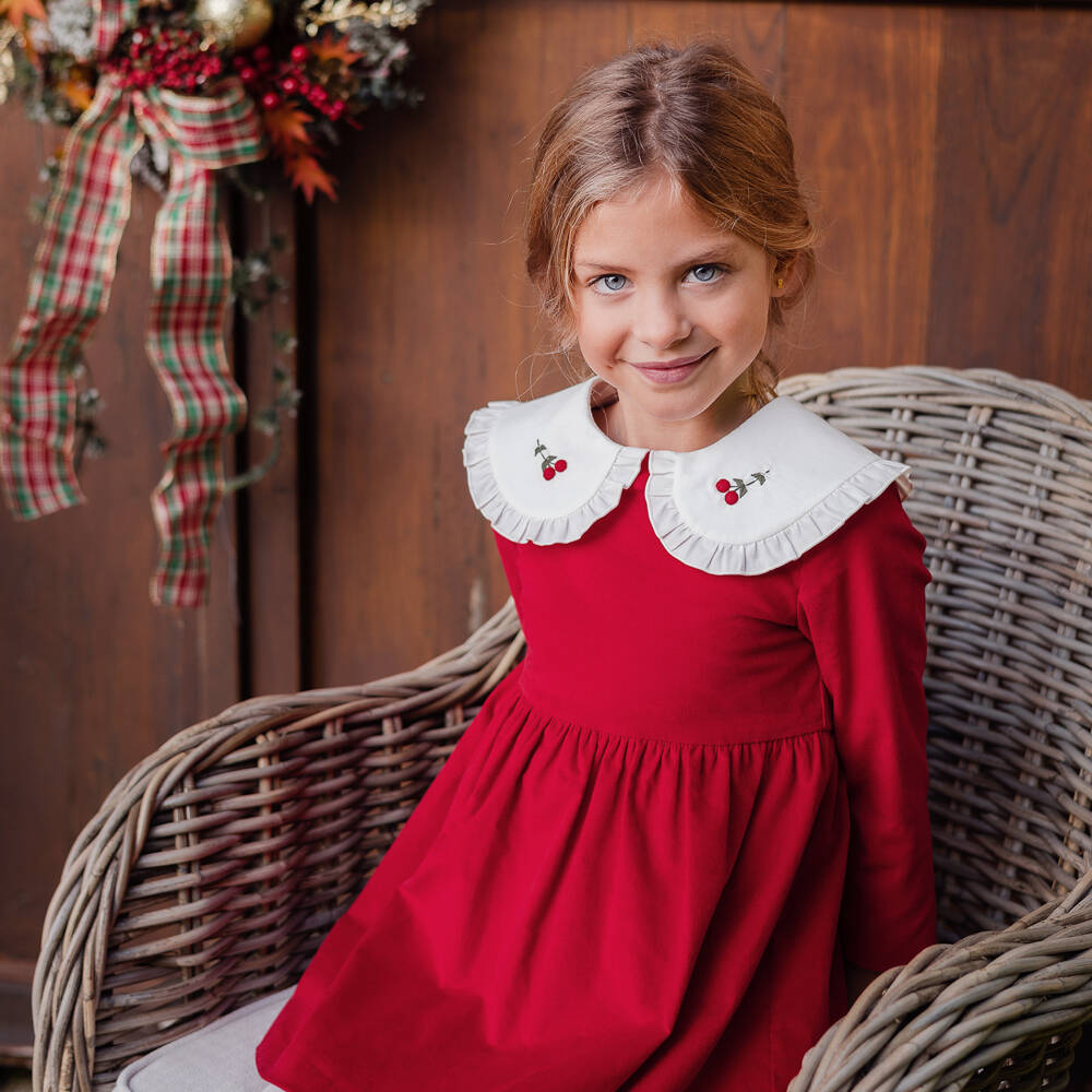 PAZ Rodríguez-Girls Red Velvet Dress with Embroidered Cherry Collar | Childrensalon