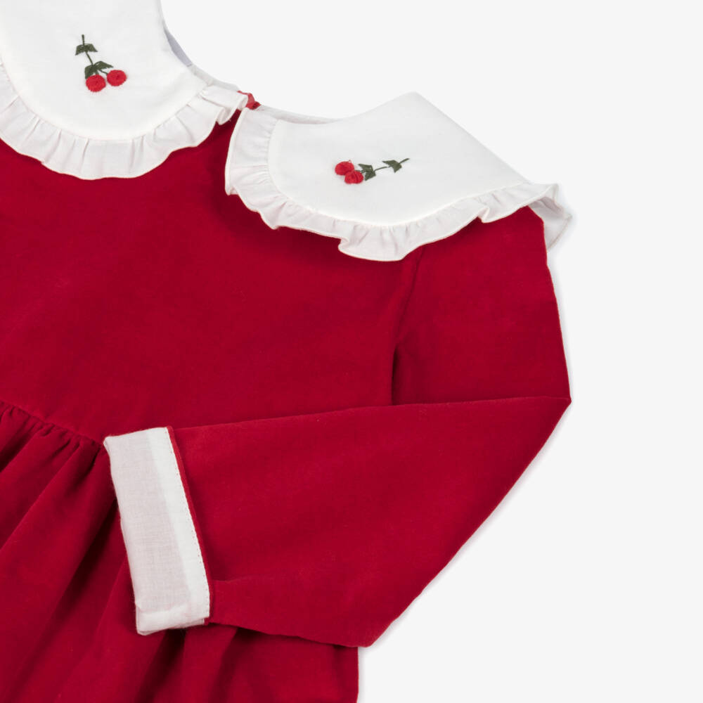 PAZ Rodríguez-Girls Red Velvet Dress with Embroidered Cherry Collar | Childrensalon