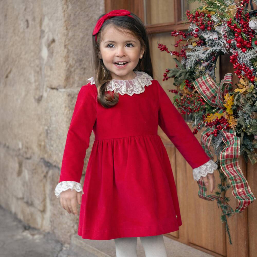 PAZ Rodríguez-Girls Red Velvet Dress with Lace Trims | Childrensalon