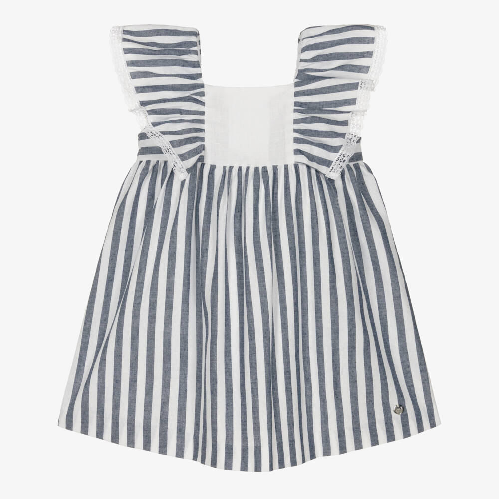 PAZ Rodríguez-Girls White & Navy Blue Stripe Cotton Dress | Childrensalon