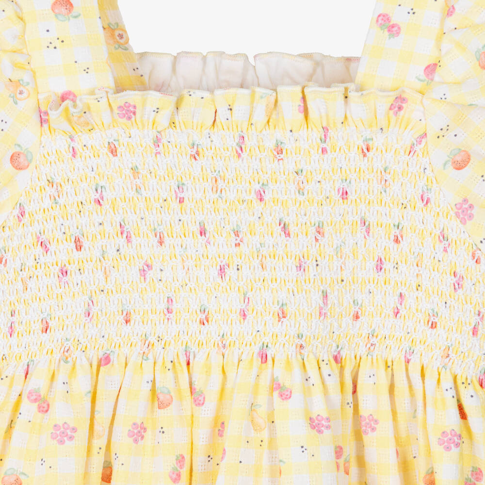 PAZ Rodríguez-Girls Yellow Gingham & Fruit Print Cotton Dress | Childrensalon