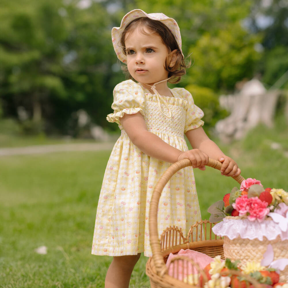 PAZ Rodríguez-Girls Yellow Gingham & Fruit Print Cotton Dress | Childrensalon