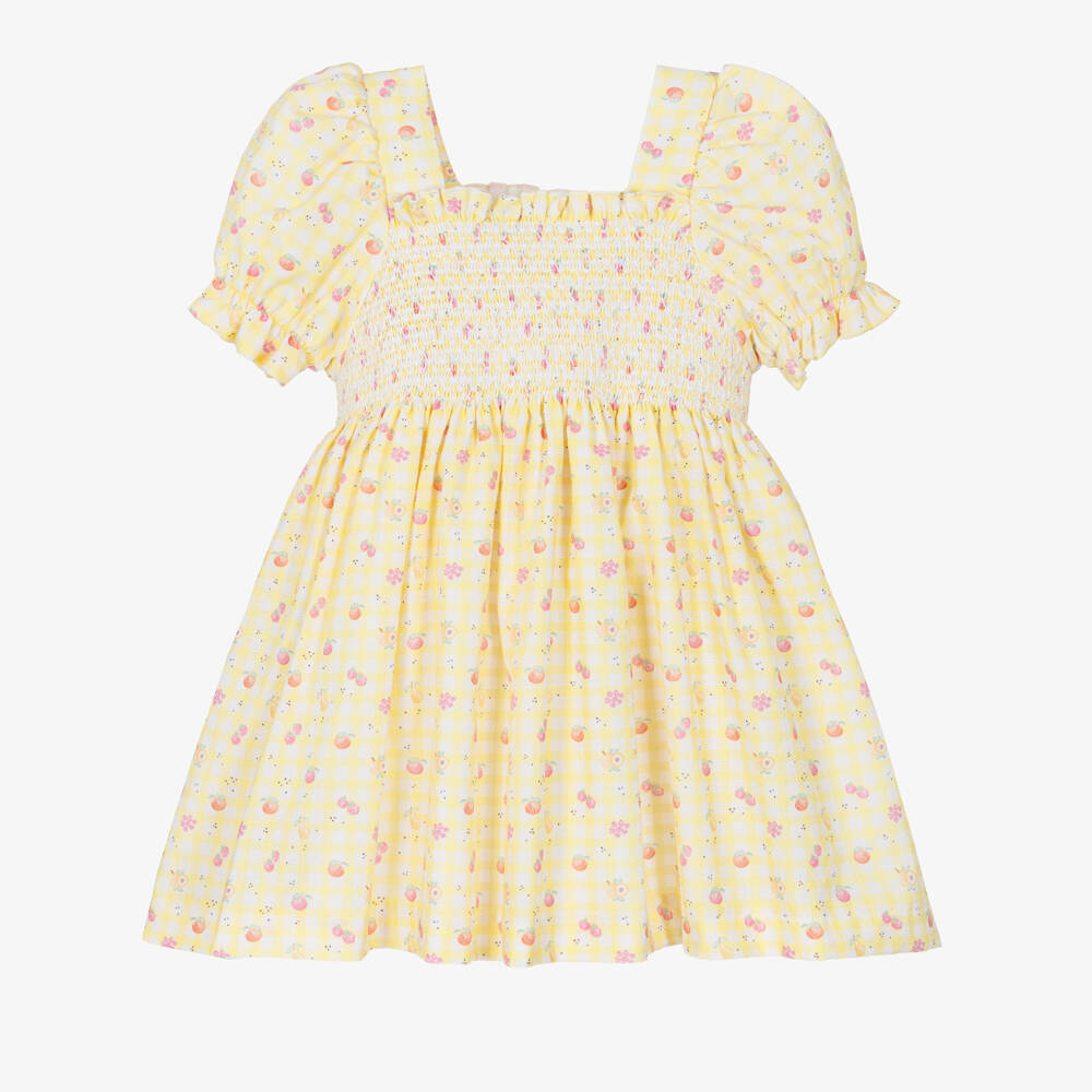 PAZ Rodríguez-Girls Yellow Gingham & Fruit Print Cotton Dress | Childrensalon